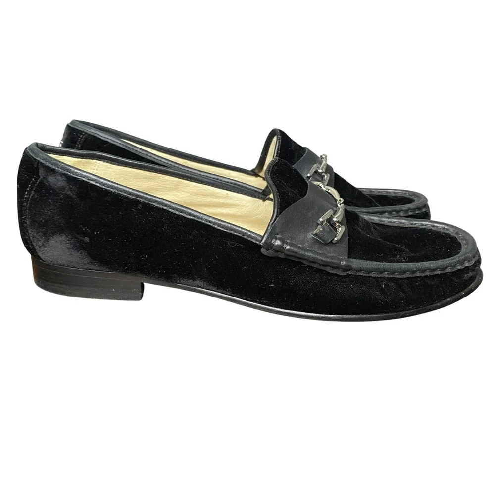 Sam Edelman Talia Velvet Loafers Black Leather Bit Buckle Women's Shoes‎ 8
